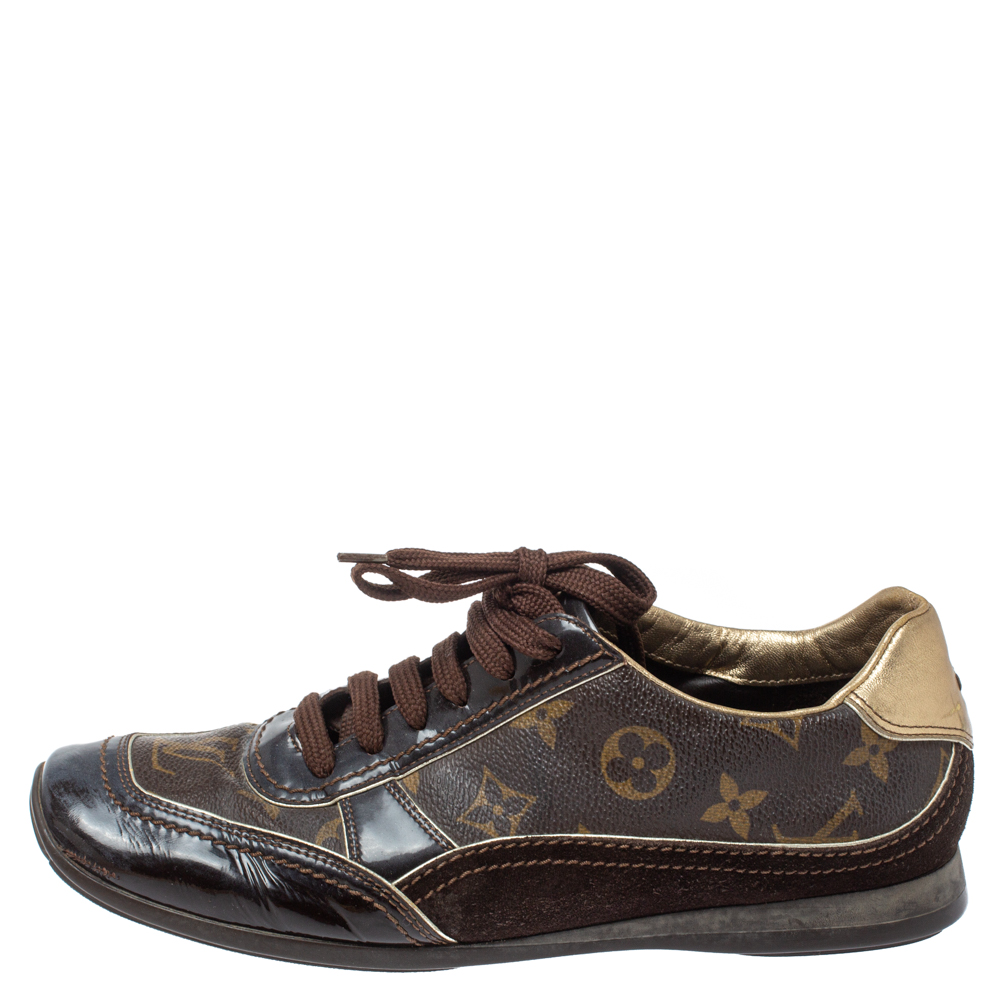 

Louis Vuitton Brown Monogram Canvas and Patent Leather Globe Trotter Square Toe Sneakers Size