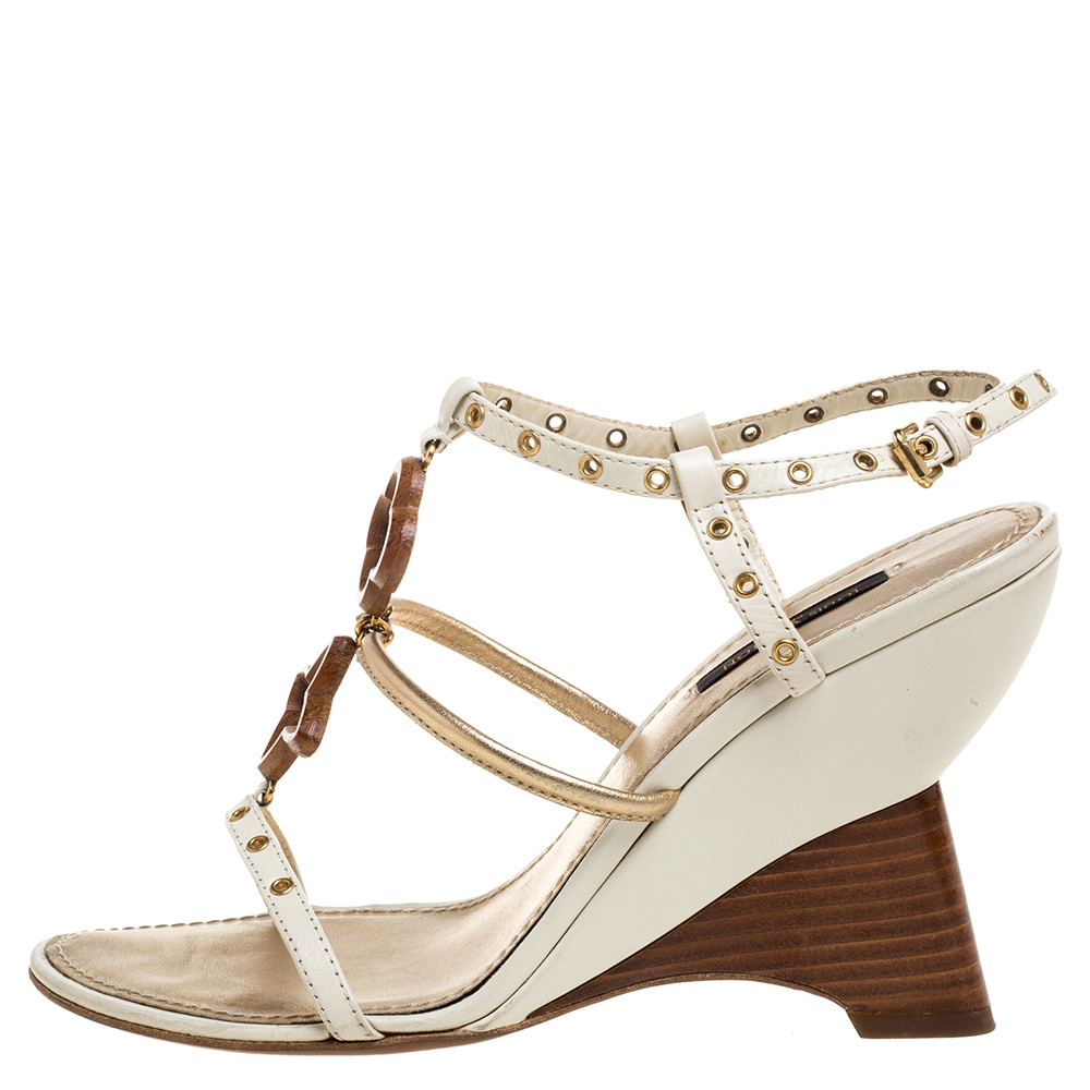 

Louis Vuitton Tri Color Leather Eyelet T-Strap Wedge Sandals Size, White