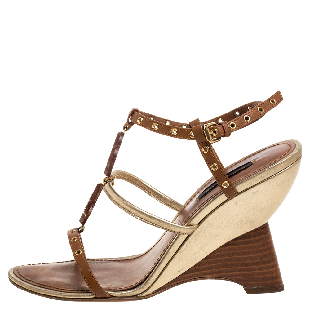 

Louis Vuitton Brown Leather Eyelet T-Strap Wedge Sandals Size