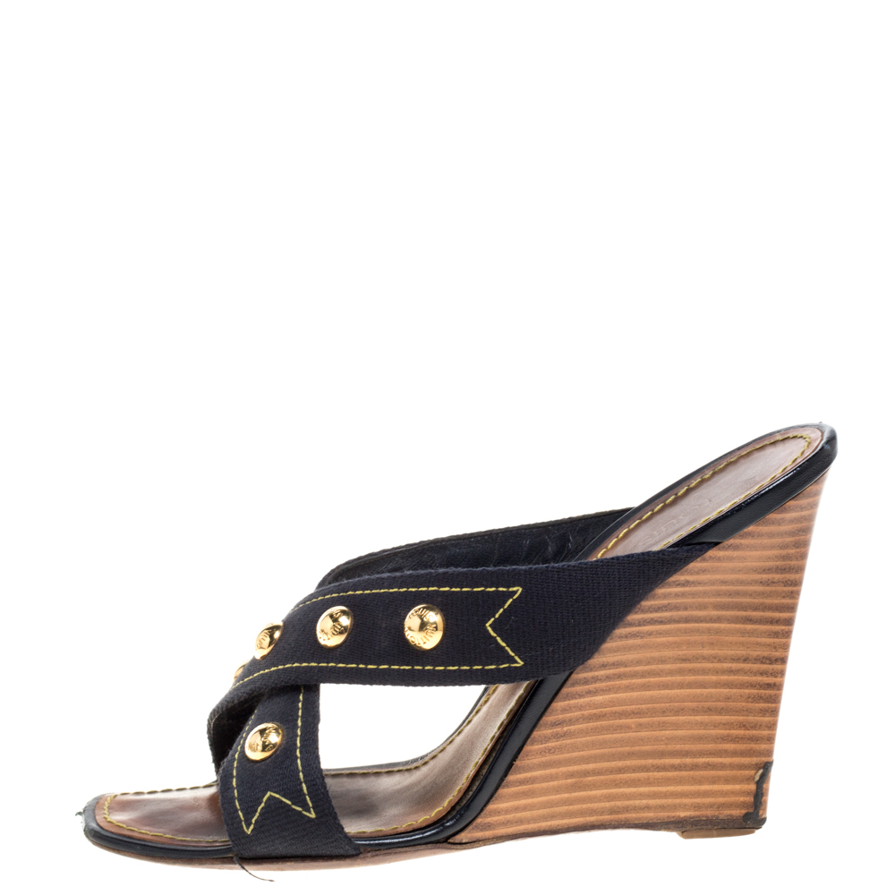 

Louis Vuitton Black Canvas Studded Wedge Cross Strap Sandals Size