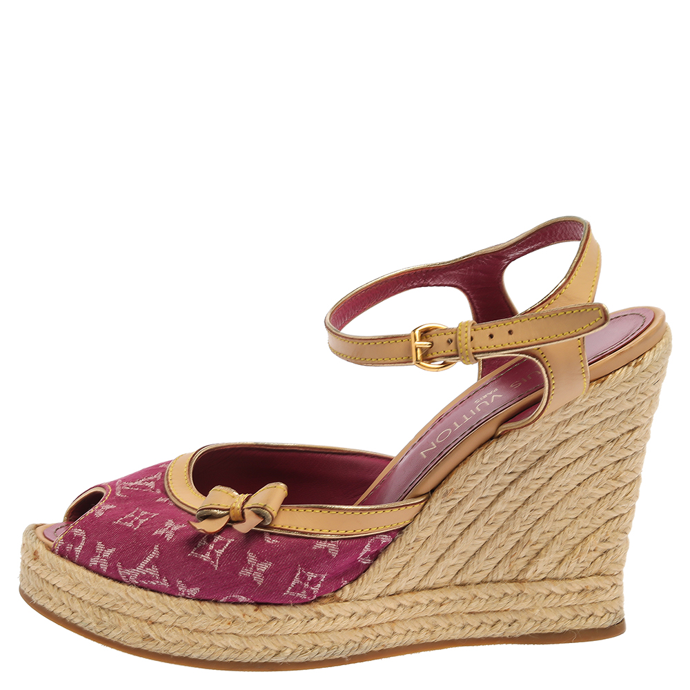 

Louis Vuitton Pink Monogram Canvas And Leather Trim Espadrilles Wedge Platform Ankle Strap Sandals Size