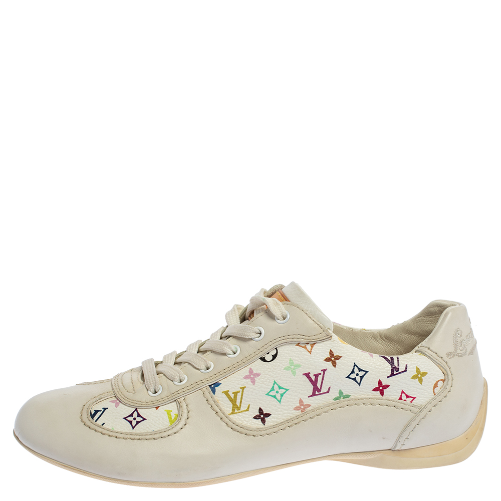 

Louis Vuitton White Leather And Multicolor Monogram Canvas Lace Up Sneakers Size