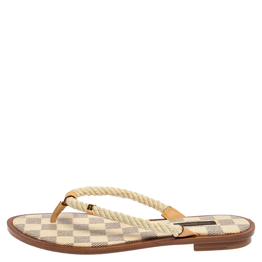 

Louis Vuitton White Cotton Blend Damier Azur Rope Thong Flats Size