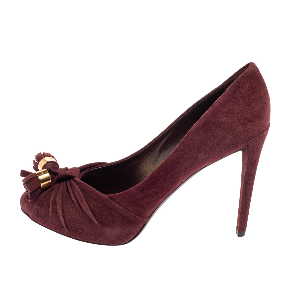 

Louis Vuitton Burgundy Suede Leather Knot Confident Tassel Platform Pumps Size