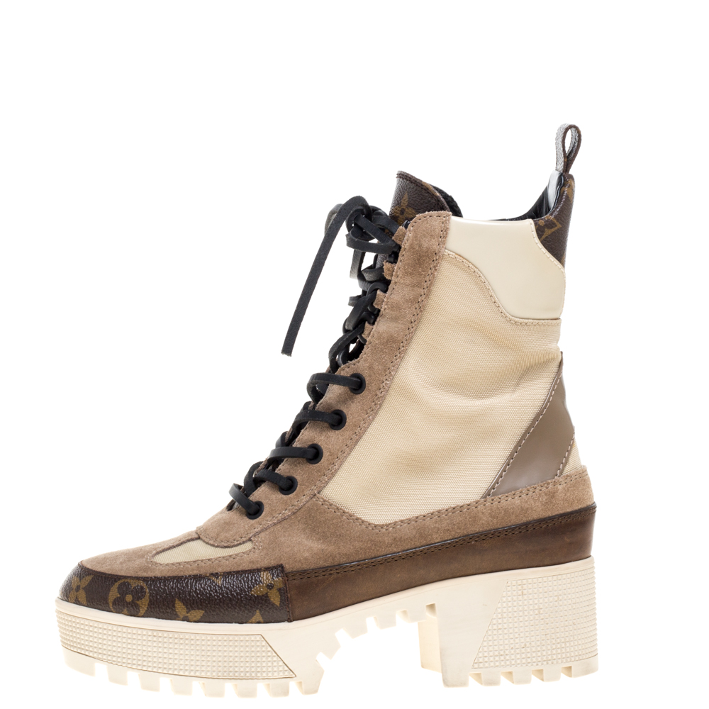 

Louis Vuitton Beige/Brown Canvas/Suede/Leather and Nylon Laureate Desert Platform Boots Size