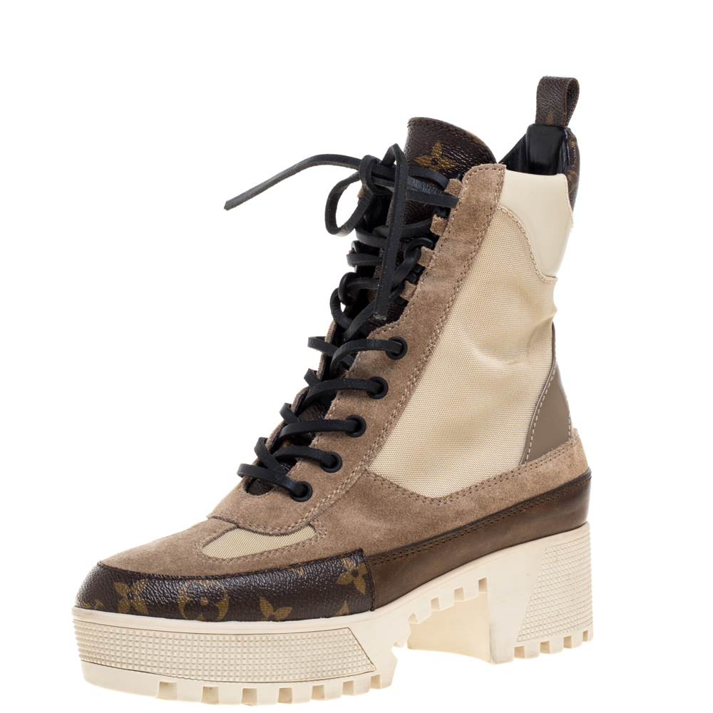 Louis Vuitton Beige/Brown Canvas/Suede/Leather and Nylon Laureate Desert Platform Boots Size 37