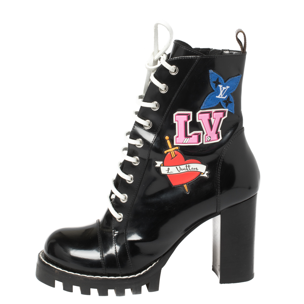 

Louis Vuitton Black Leather Star Trail Block Heel Ankle Boots Size