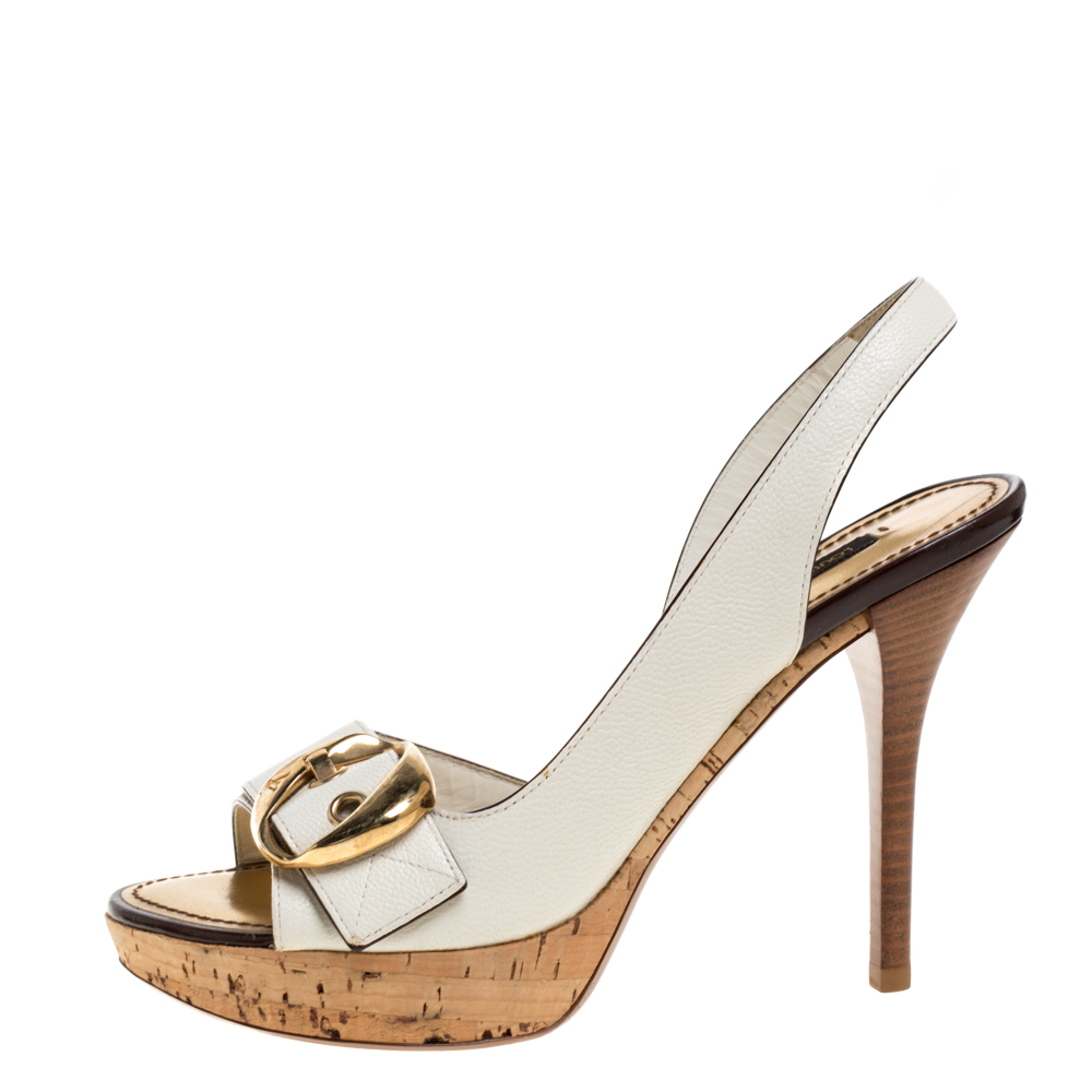 

Louis Vuitton White Leather Buckle Cork Platform Slingback Sandals Size