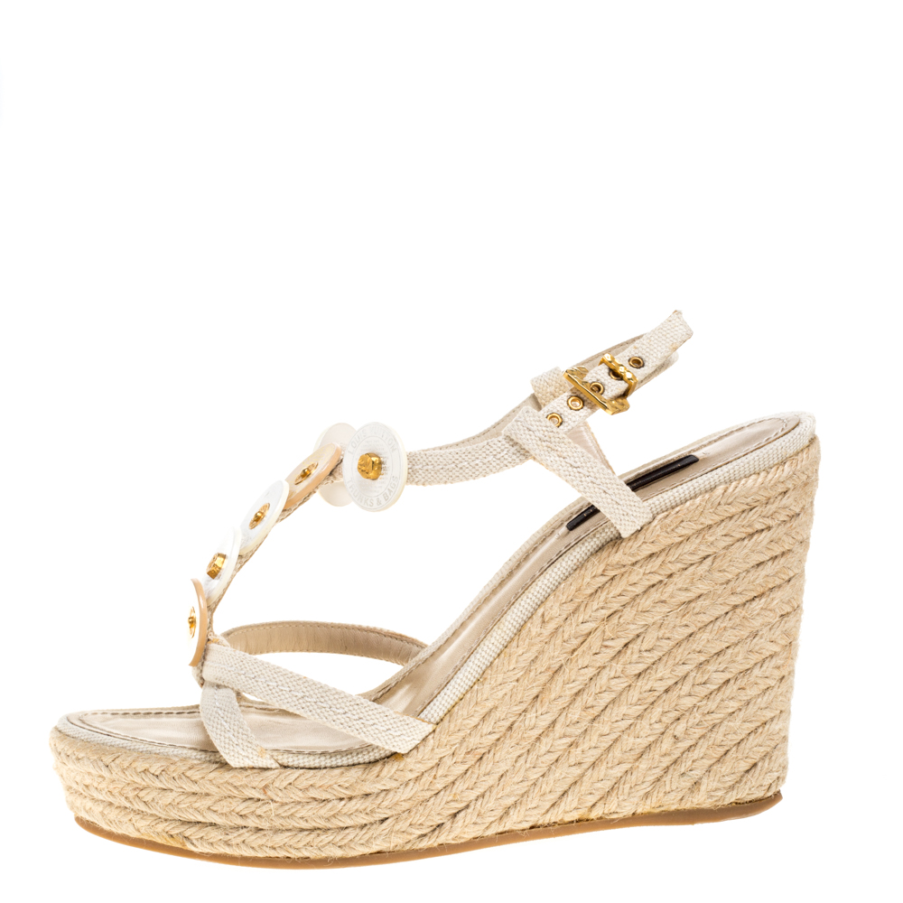 

Louis Vuitton Cream White Canvas Embellished Espadrille Wedge Sandals Size