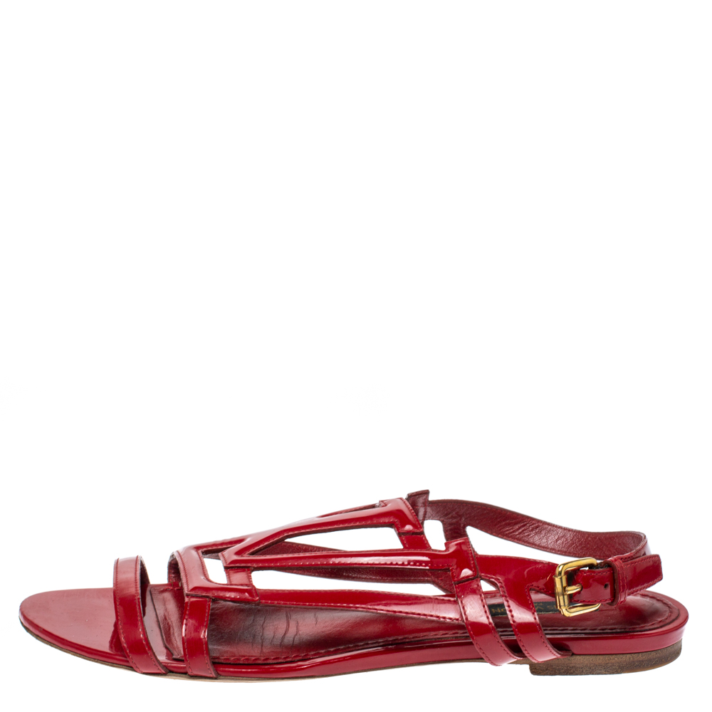 

Louis Vuitton Red Patent Leather Crossing Logo Flat Sandals Size