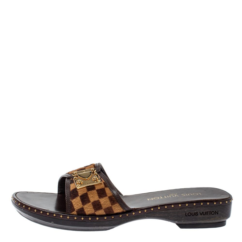

Louis Vuitton Brown Damier Calf Hair Clog Slide Sandals Size