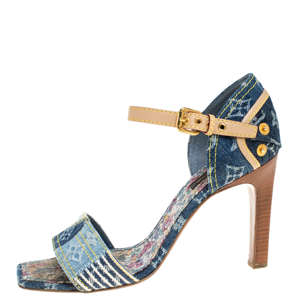 

Louis Vuitton Blue Denim And Leather Trim Patchwork Ankle Strap Sandals Size
