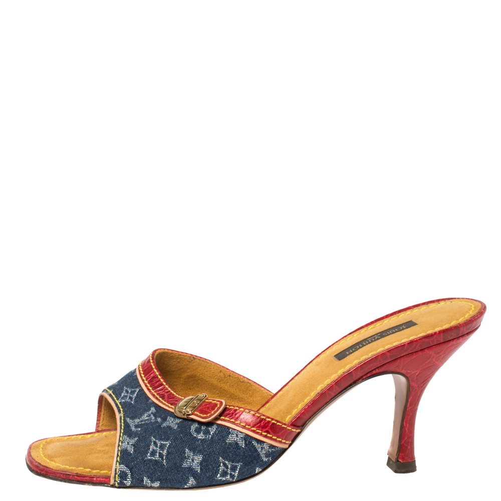 

Louis Vuitton Blue/Red Monogram Denim and Crocodile Mule Sandals Size