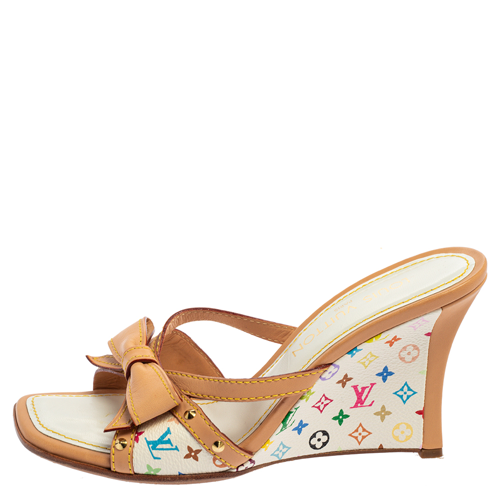 

Louis Vuitton Multicolor Monogram Canvas And Leather Bow Wedge Sandals Size