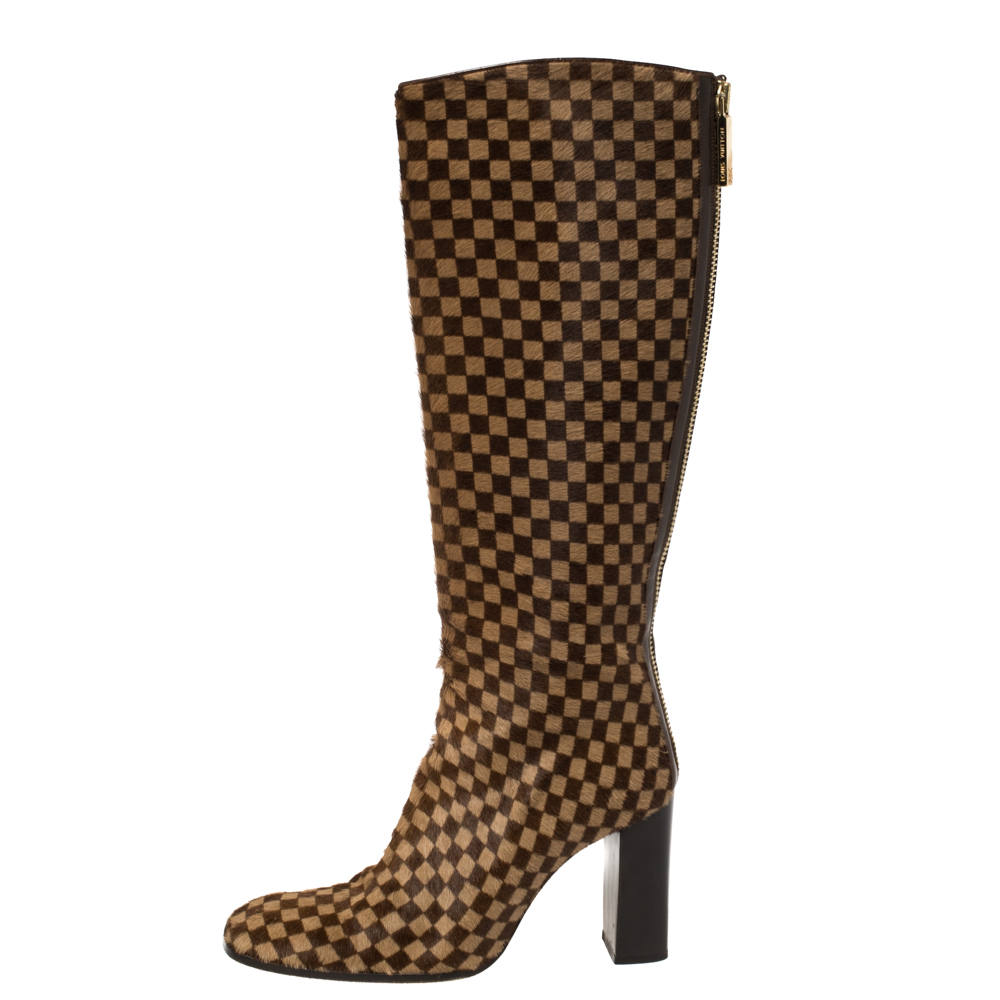 

Louis Vuitton Brown Damier Ponyhair Knee Length Boots Size