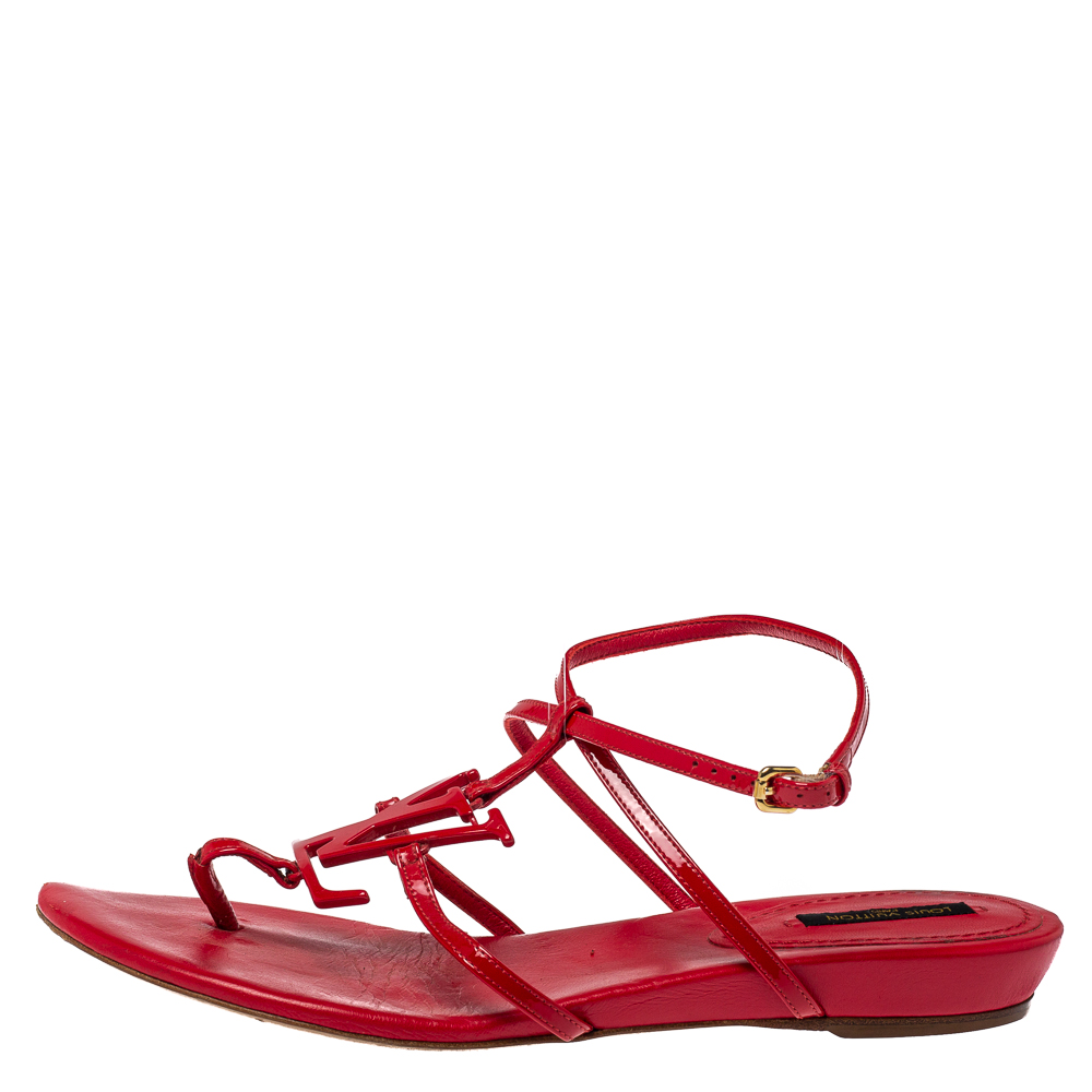 

Louis Vuitton Red Patent Leather LV Logo Strappy Flat Sandals Size