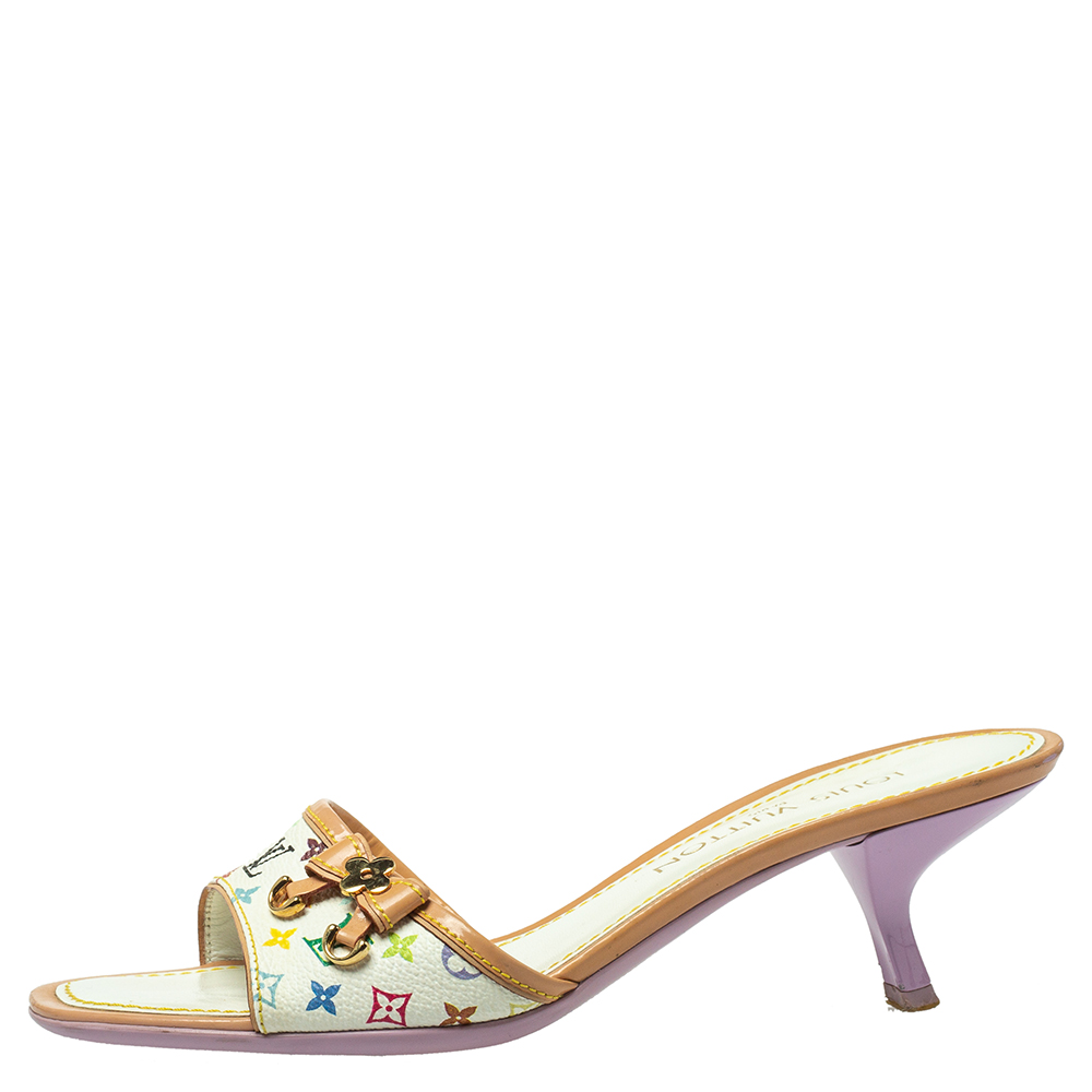 

Louis Vuitton Multicolor Printed Monogram Canvas And Patent Leather Trims Charm Embellished Slide Sandals Size, White