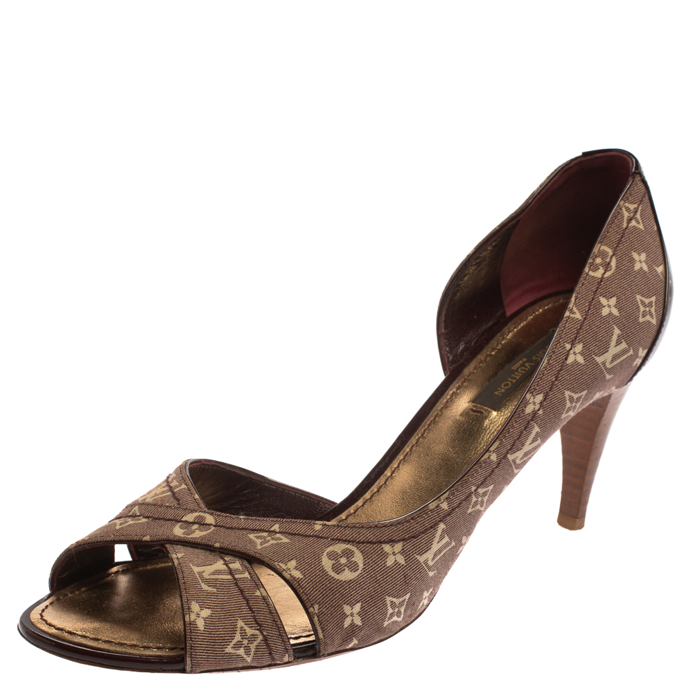 Pre Owned Louis Vuitton Burgundy/Beige Mini Lin Canvas And Patent Leather D'orsay Open Toe Pumps Size 38