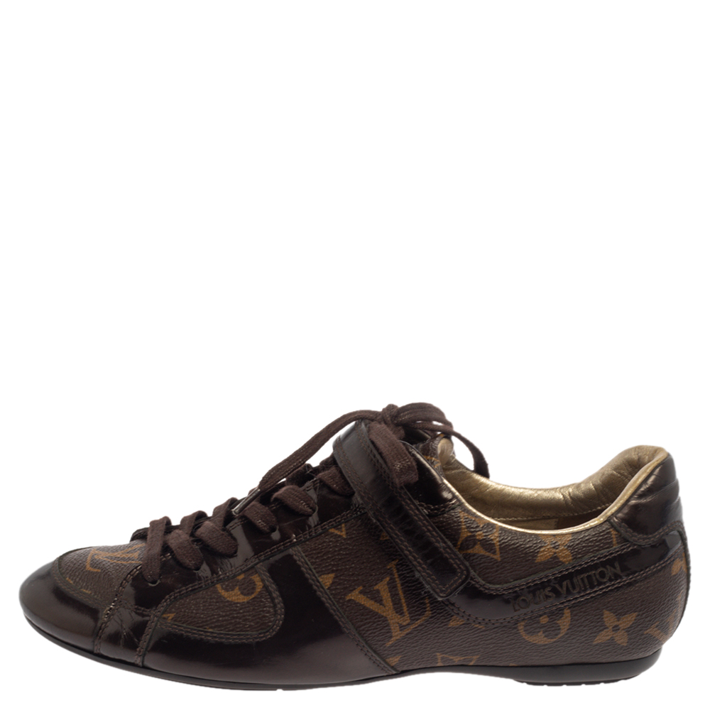 

Louis Vuitton Brown Monogram Canvas And Patent Leather Low Top Sneakers Size