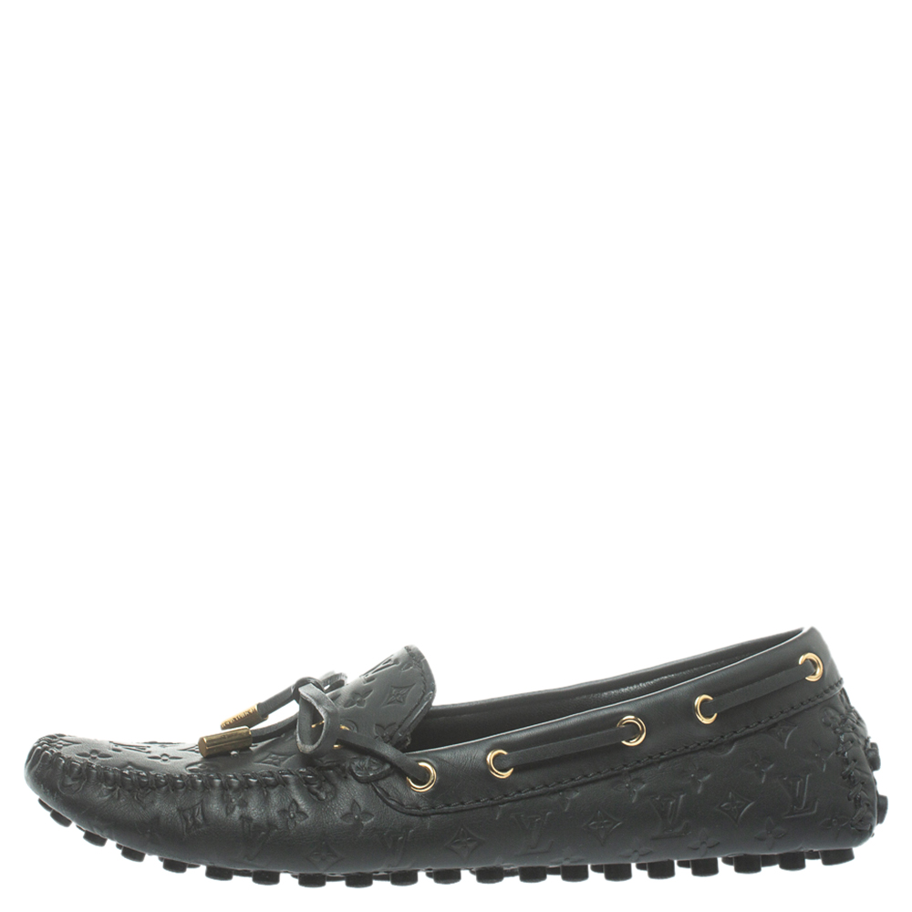 

Louis Vuitton Black Monogram Empreinte Leather Gloria Flat Loafers Size