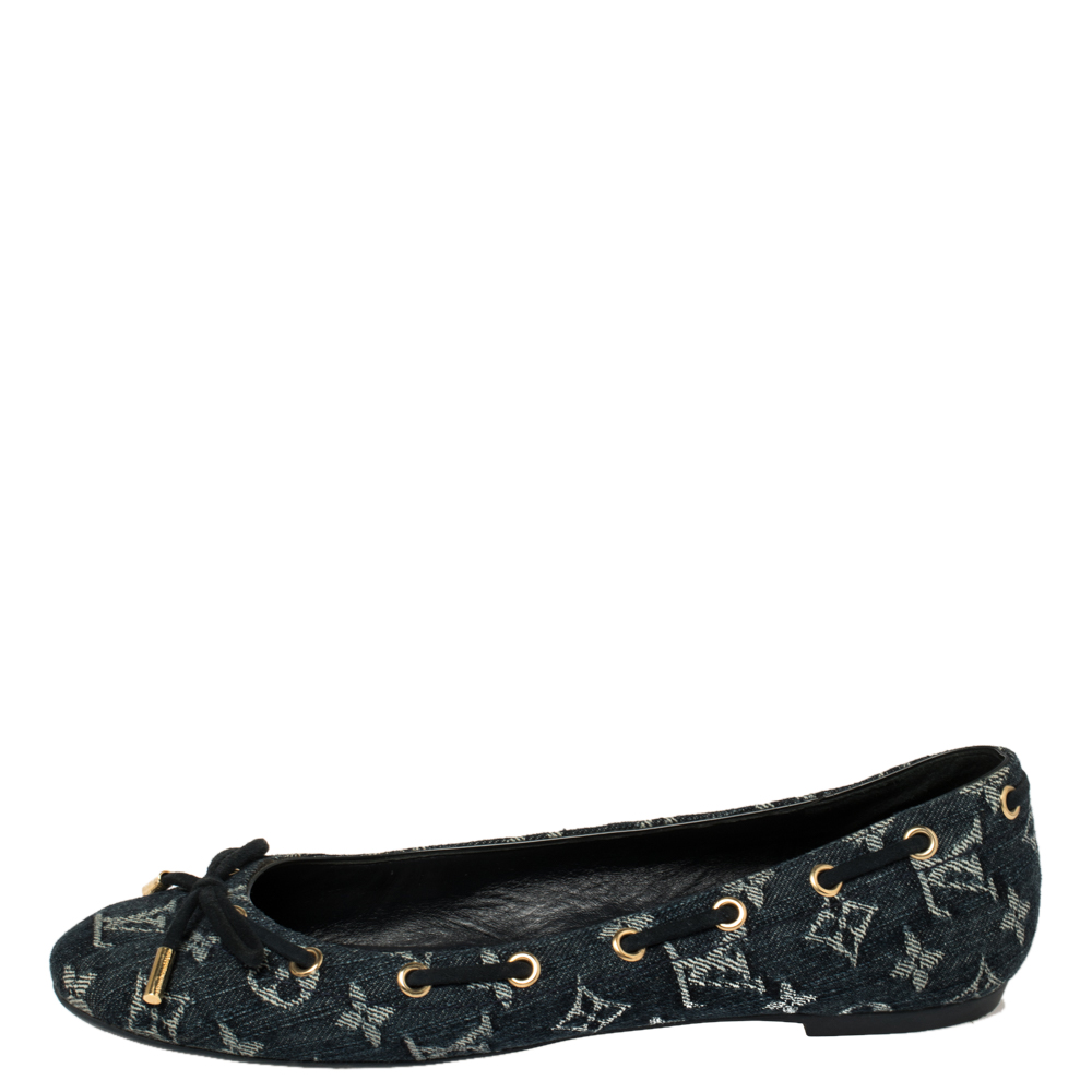 

Louis Vuitton Blue Monogram Denim Fabric Bow Ballet Flats Size