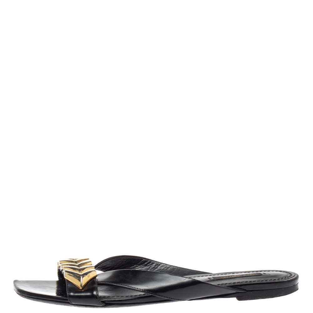 

Louis Vuitton Black Leather Embellished Slide Sandals Size