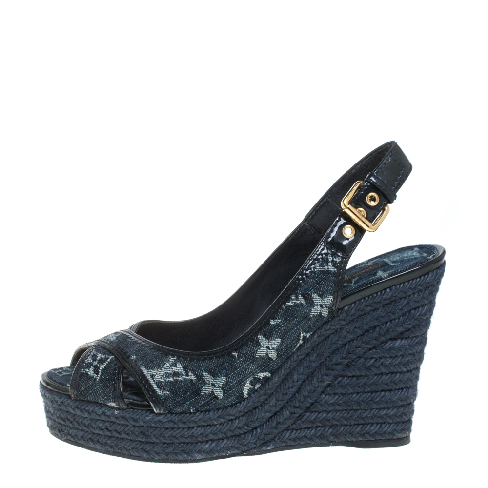 

Louis Vuitton Denim Fabric And Patent Leather Monogram Bastille Espadrilles Slingback Wedge Sandals Size, Blue