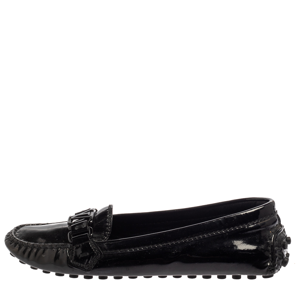 

Louis Vuitton Black Patent Leather Logo Slip On Loafers Size