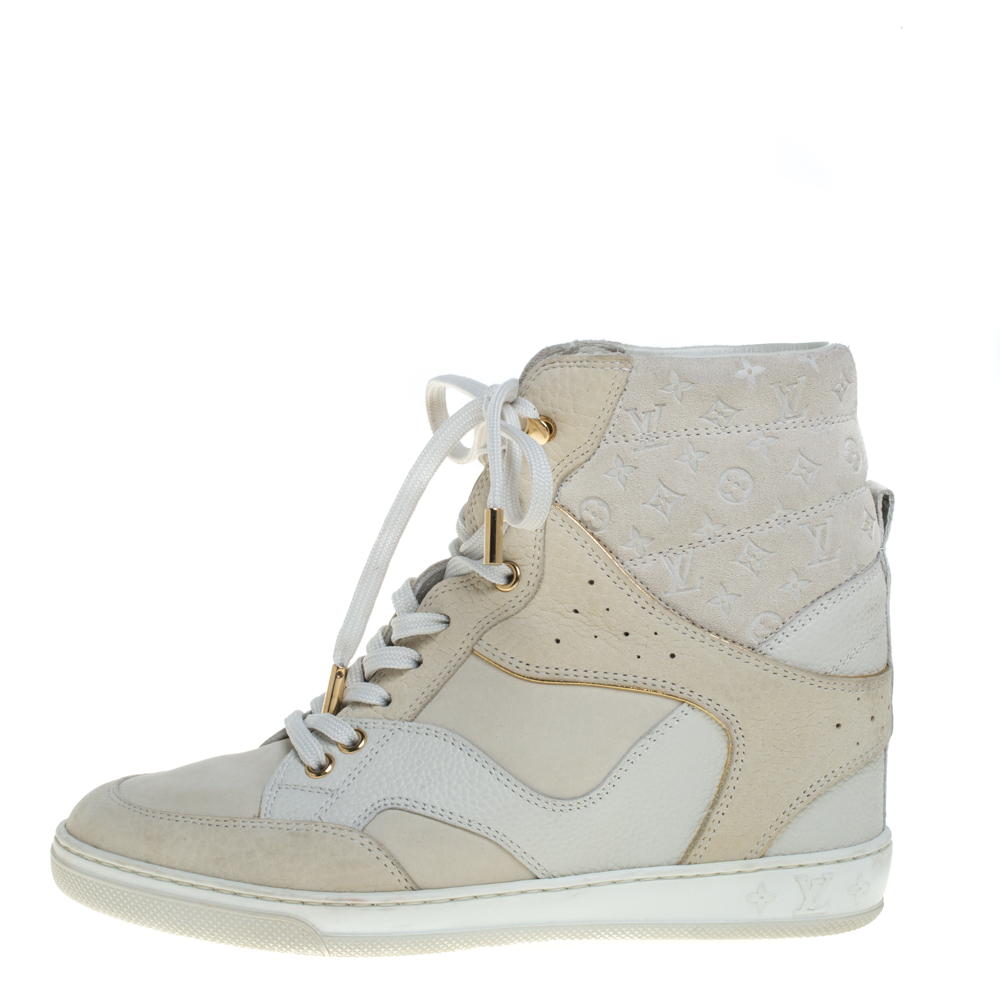 

Louis Vuitton Beige/White Leather And Embossed Monogram Suede Millenium Wedge Sneakers Size