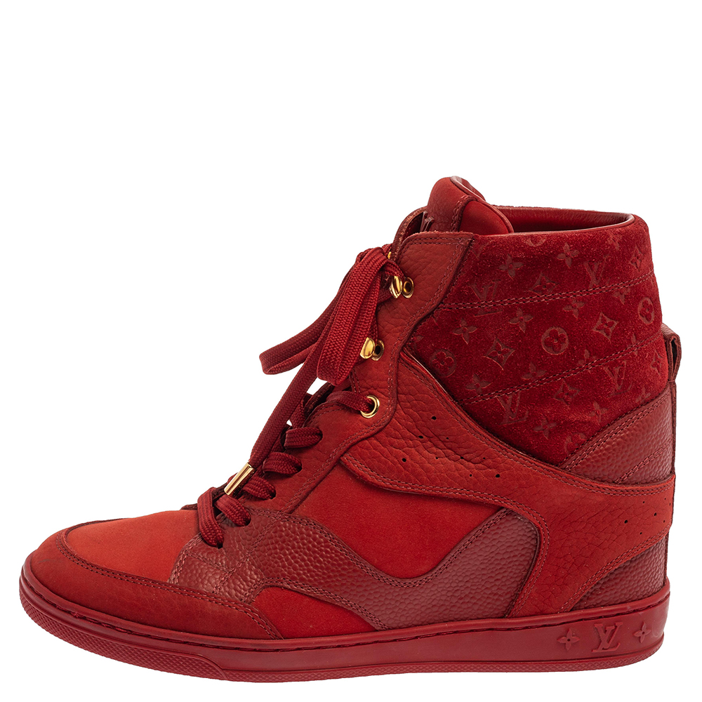 

Louis Vuitton Red Leather And Embossed Monogram Suede Millenium Wedge Sneakers Size