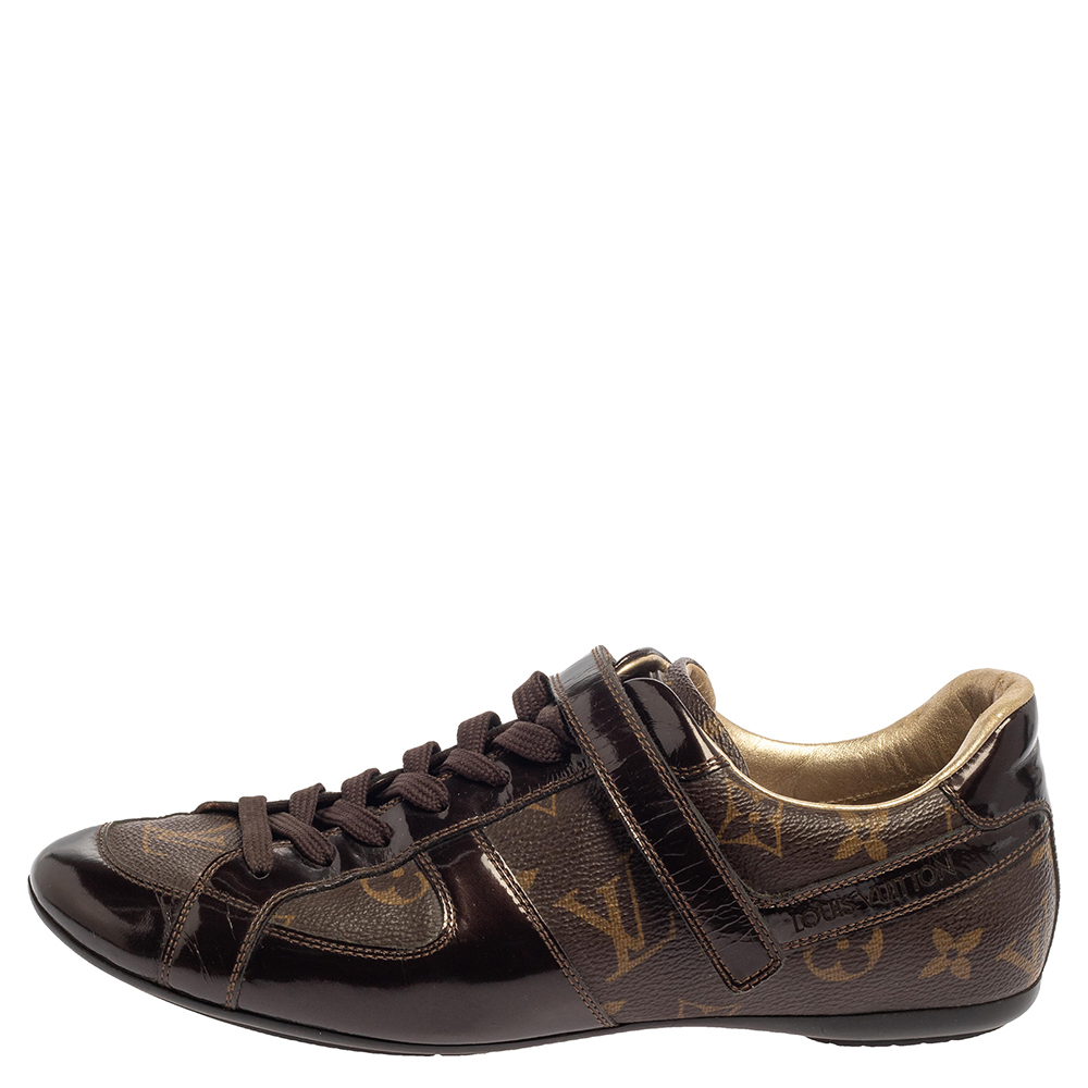 

Louis Vuitton Brown Monogram Canvas And Patent Leather Sneakers Size