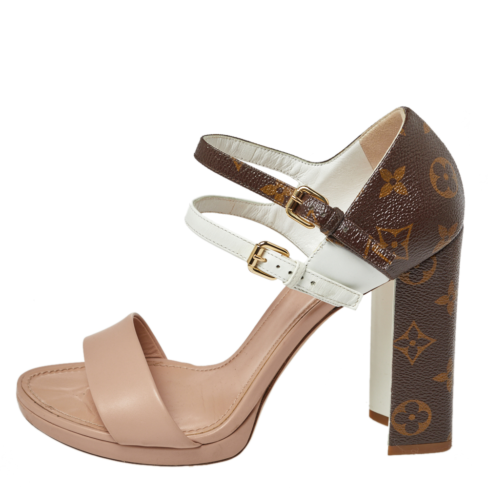 

Louis Vuitton Tri Color Monogram Canvas and Leather Double Strap Sandals Size, Beige