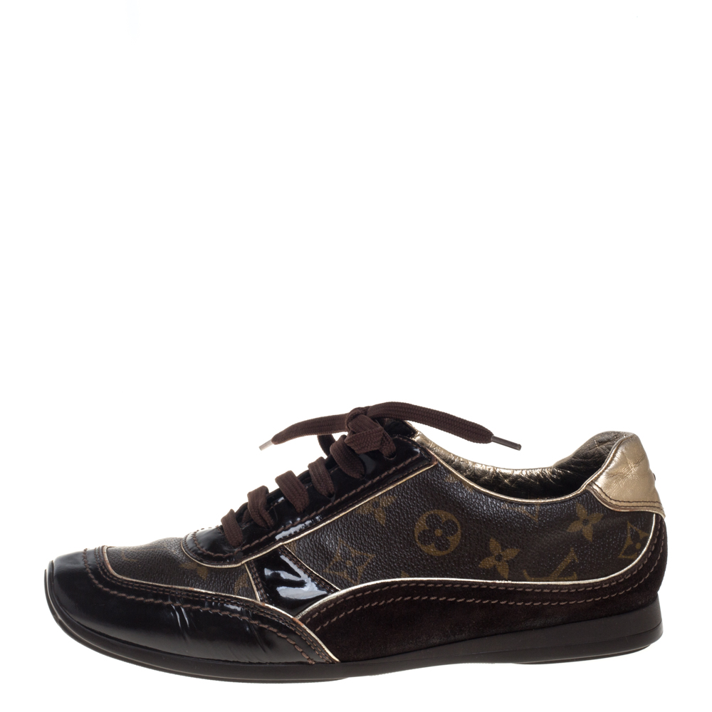 

Louis Vuitton Brown Patent Leather And Monogram Canvas Lace Up Sneakers Size