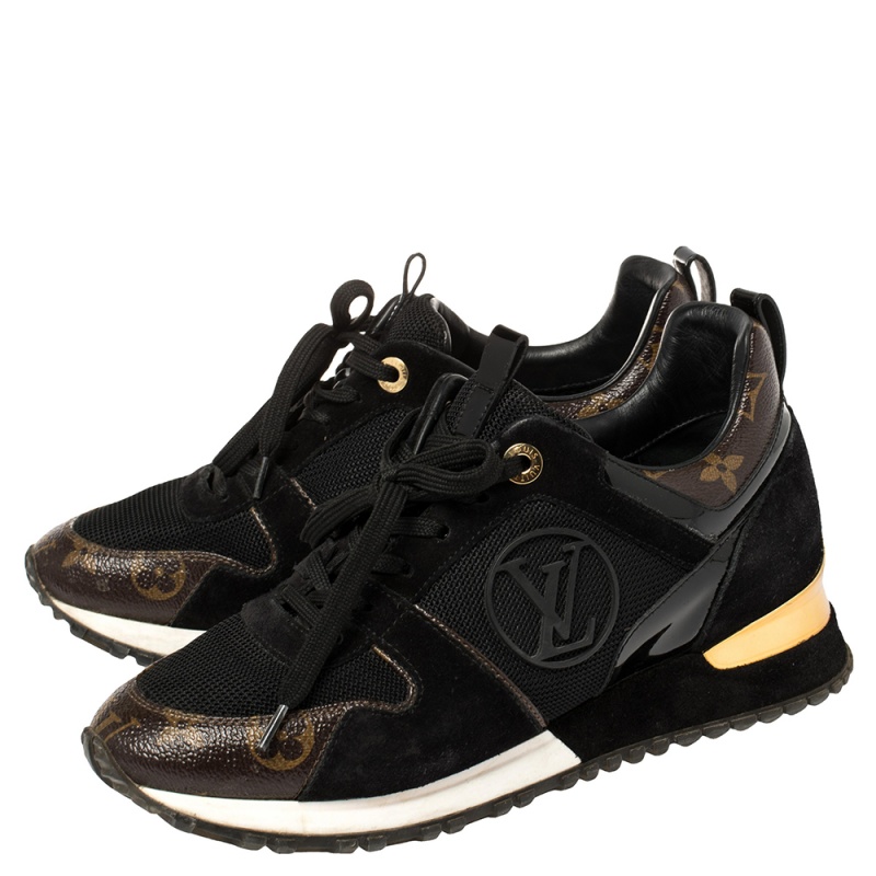 LOUIS VUITTON Suede Monogram Run Away Sneakers 37 Black 1254526