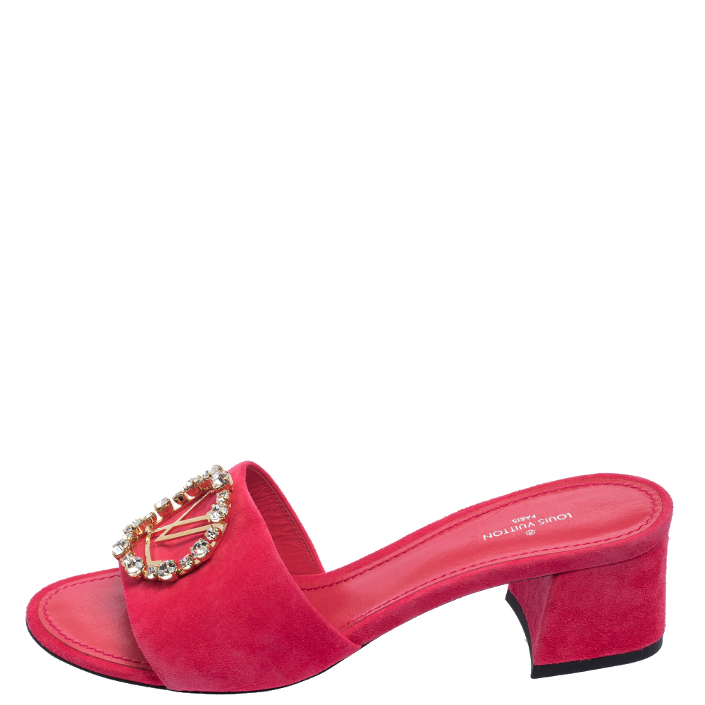 

Louis Vuitton Pink Suede Madeleine Slide Sandals Size