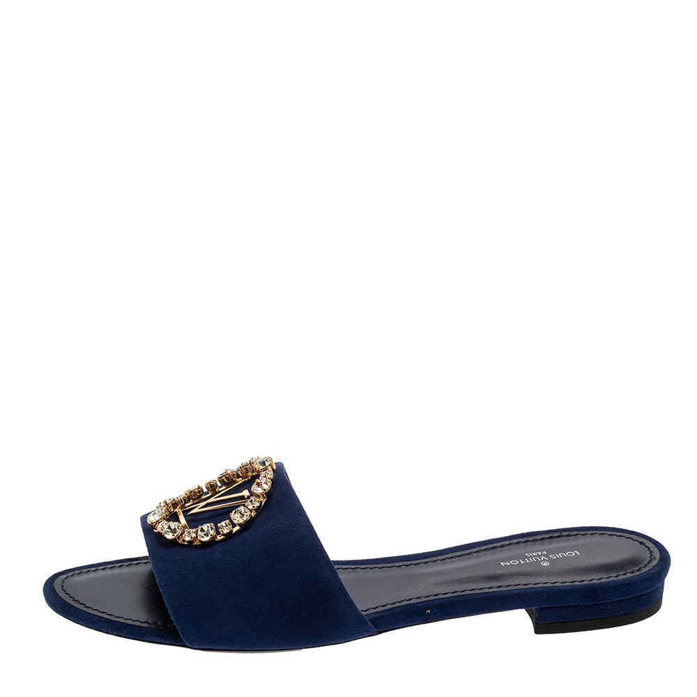 

Louis Vuitton Blue Suede Crystal Madeleine Flat Mules Size