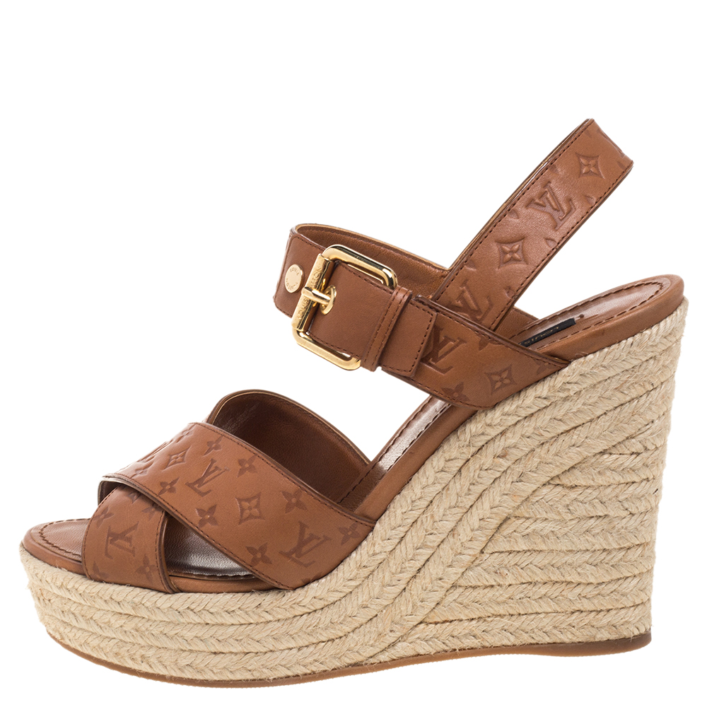 

Louis Vuitton Tan Monogram Idylle Leather Formentra Espadrille Wedge Sandals Size