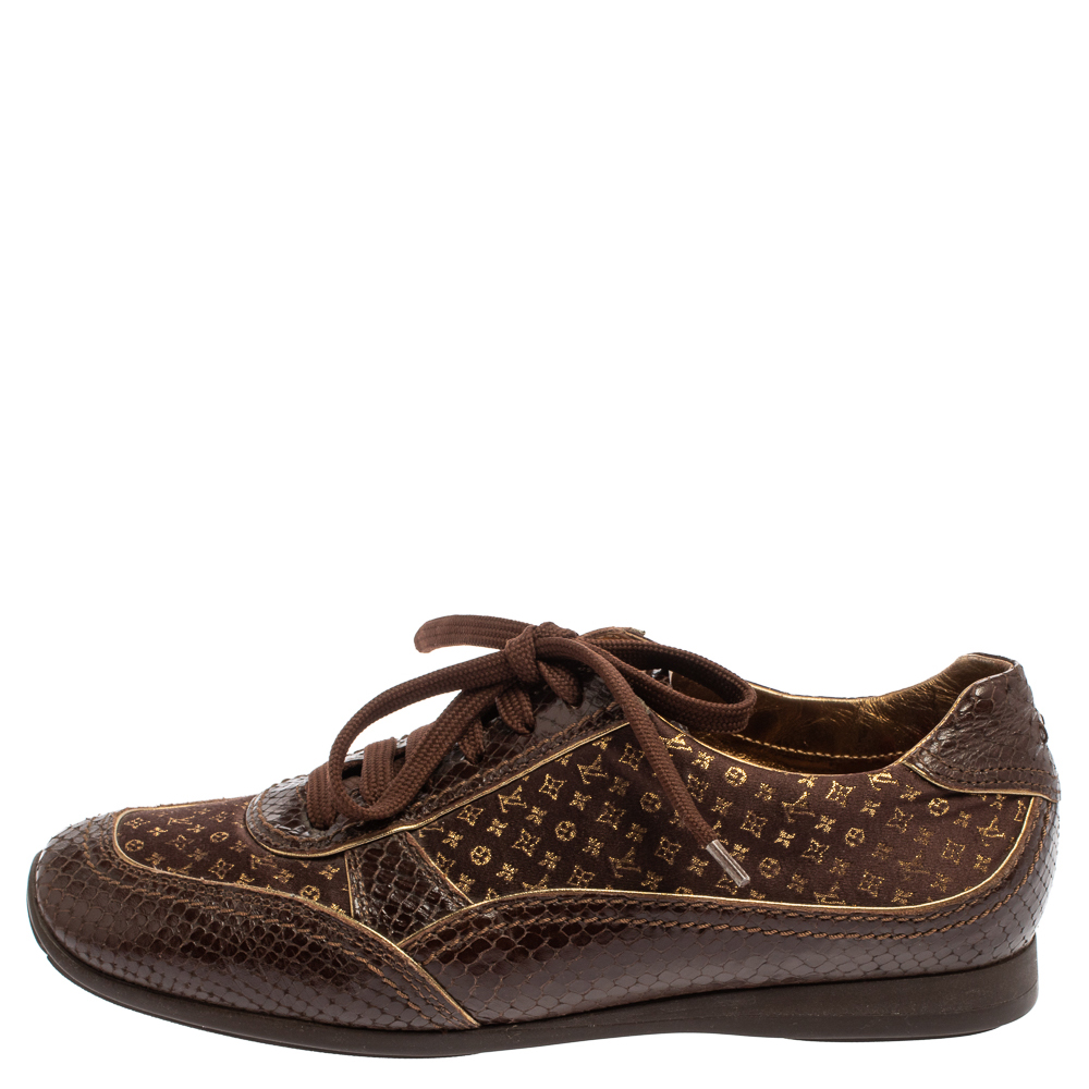 

Louis Vuitton Brown Monogram Satin And Python Embossed Leather Trim Low Top Sneakers Size