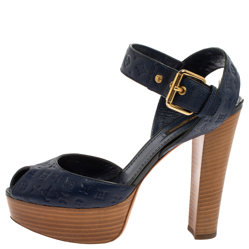 

Louis Vuitton Blue Infini Monogram Empreinte Leather Ankle Strap Sandals Size