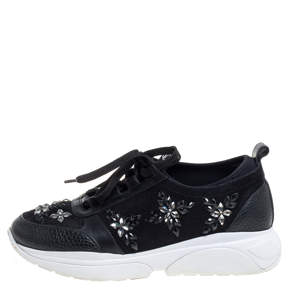 

Louis Vuitton Black Leather And Suede Embellished Low Top Sneakers Size