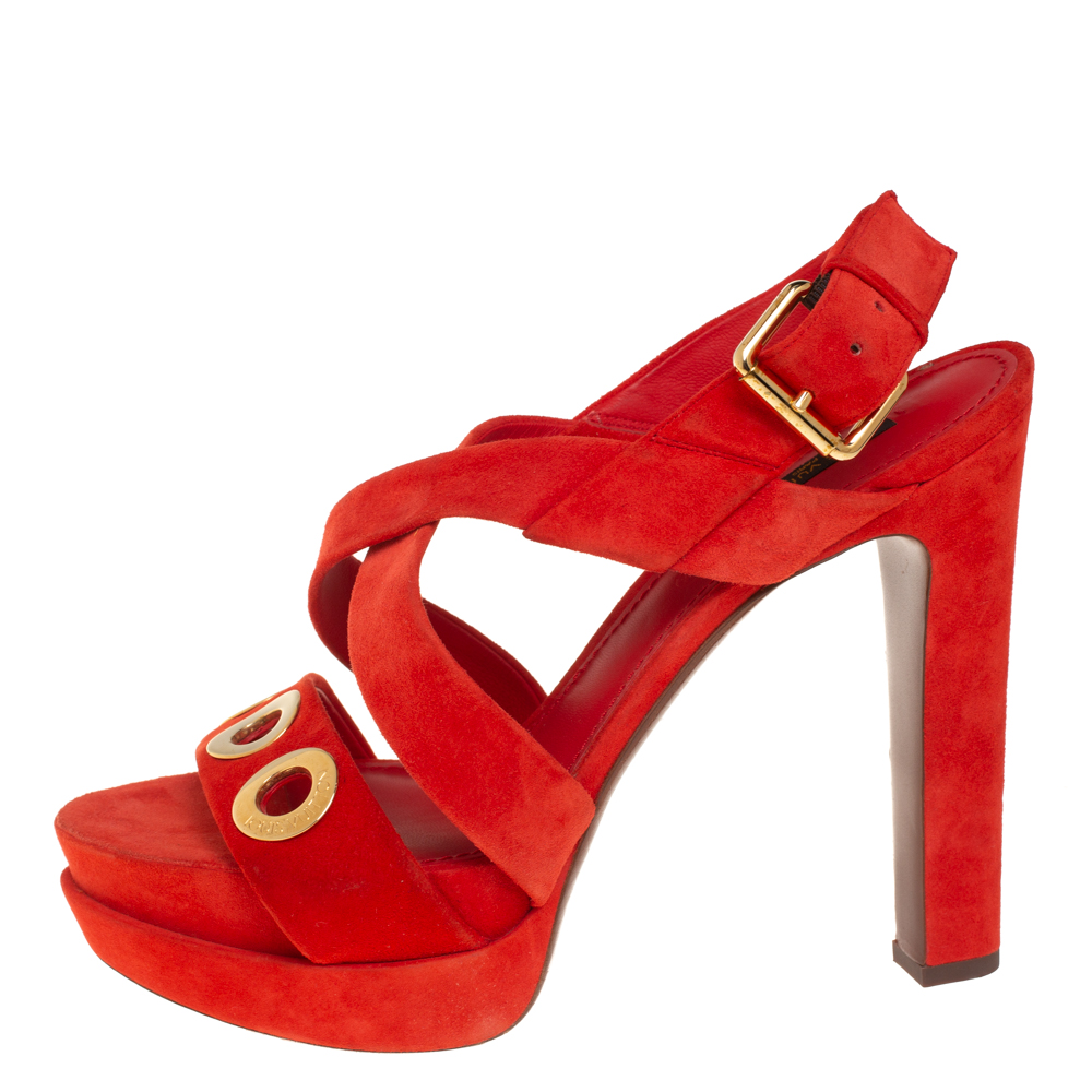 

Louis Vuitton Red Suede Criss Cross Platform Ankle Strap Sandals Size