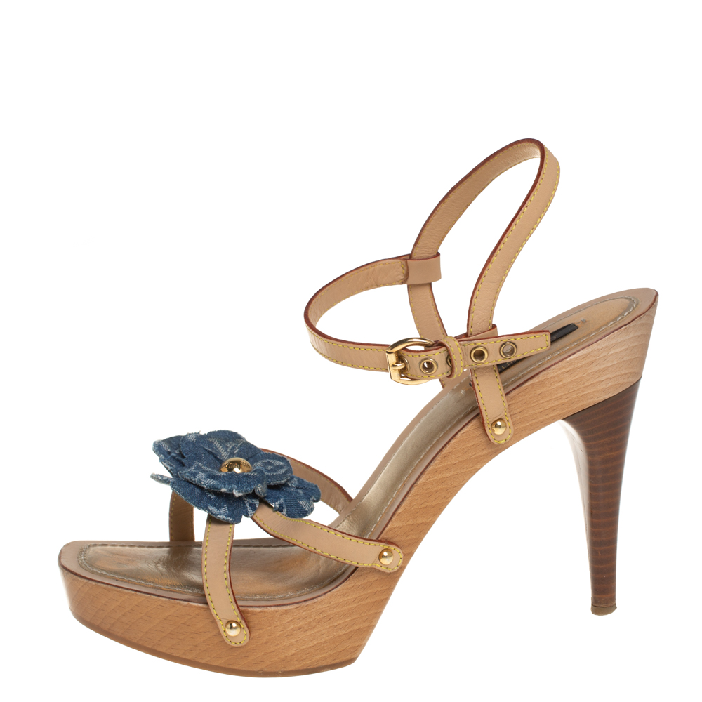 

Louis Vuitton Beige/Blue Monogram Denim Floral Platform Strappy Sandals Size