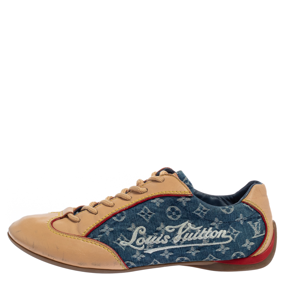 

Louis Vuitton Beige/Blue Monogram Denim And Leather Low Top Sneakers Size