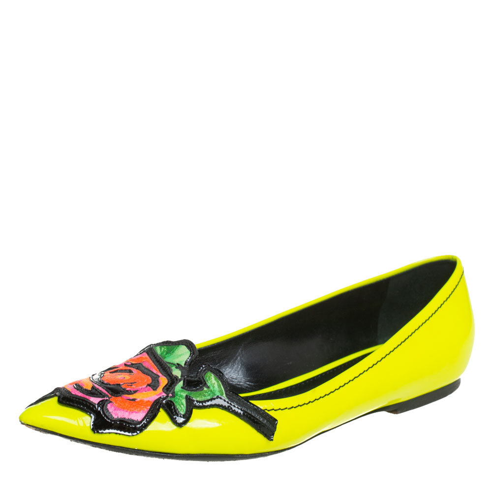 Pre-owned Louis Vuitton Yellow Leather Flower Embellished Pointed Ballet Flats Size 36.5