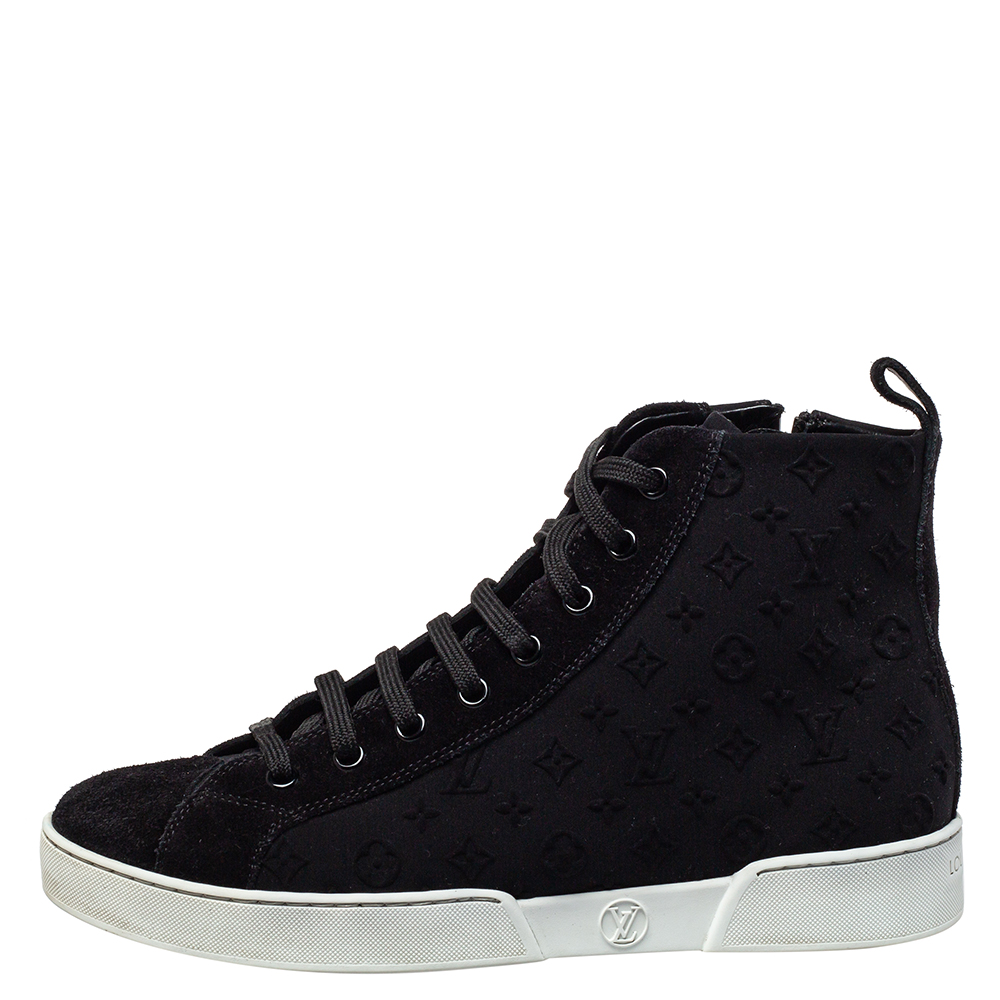 

Louis Vuitton Black Monogram Neoprene and Suede Stellar High Top Sneakers Size