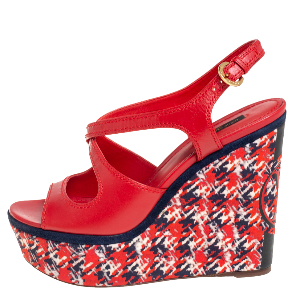 

Louis Vuitton Red Leather And Multicolor Fabric Wedge Criss Cross Platform Slingback Sandals Size