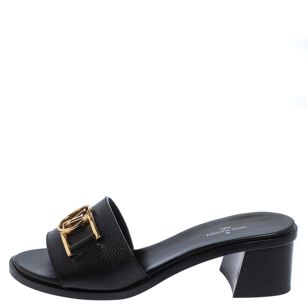 

Louis Vuitton Black Leather Logo Slide Sandals Size