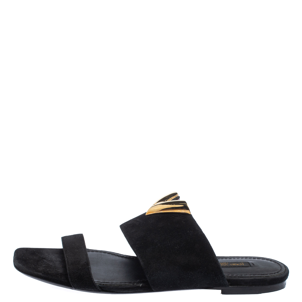 

Louis Vuitton Black Suede V Cut Flat Slides Size