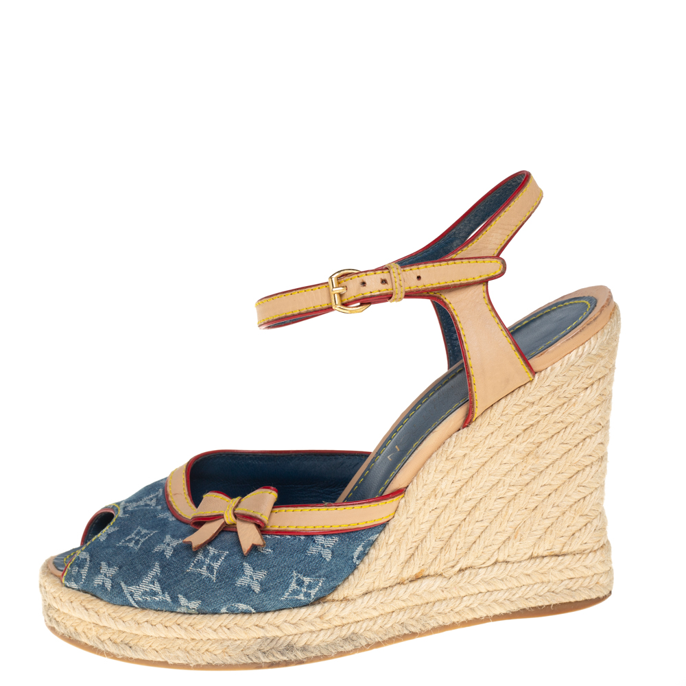 

Louis Vuitton Blue/Beige Monogram Denim And Leather Trim Bow Wedge Espadrilles Size