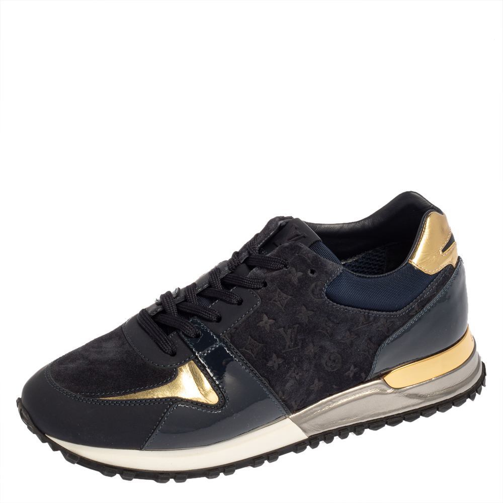 Pre-owned Louis Vuitton Dark Blue Suede, Patent And Fabric Run Away Low Top Trainers Size 36